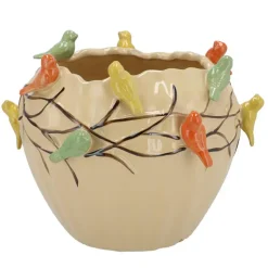 DK Design Bloempot/plantenpot Vogels - zandkleurig - D19 x H15 cm