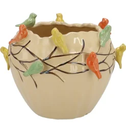 DK Design Bloempot/plantenpot Vogels - zandkleurig - D26 x H20 cm