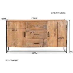 Dressoir Naturel Mangohout - Metaal - 150x40x80cm - Elin