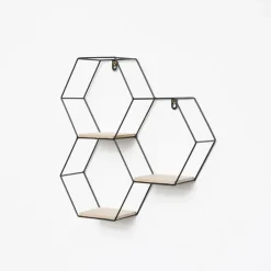 Driedubbel zeshoekig metalen wandrek met 3 houten plankjes - 40,5x41 cm - Zwart