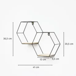 Dubbel zeshoekig metalen wandrek met 2 houten plankjes - 30,5x41 cm - Zwart
