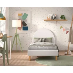 Eenpersoonsbed Maeva - 212x97x107 cm - Witte bouclé stof