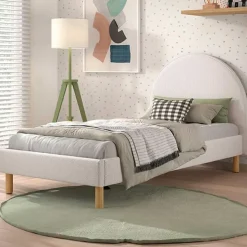 Eenpersoonsbed Maeva - 212x97x107 cm - Witte bouclé stof