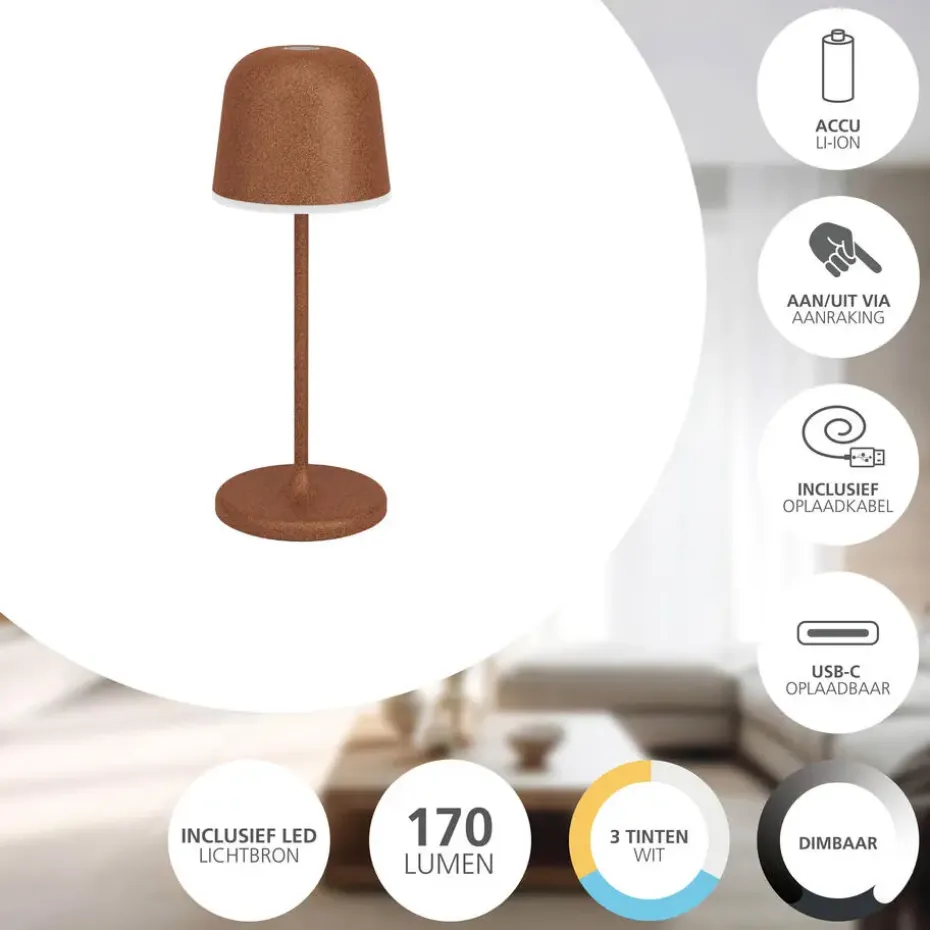 EGLO Mannera-S Tafellamp/Priklamp - USB-C - H 20 cm - Roestbruin