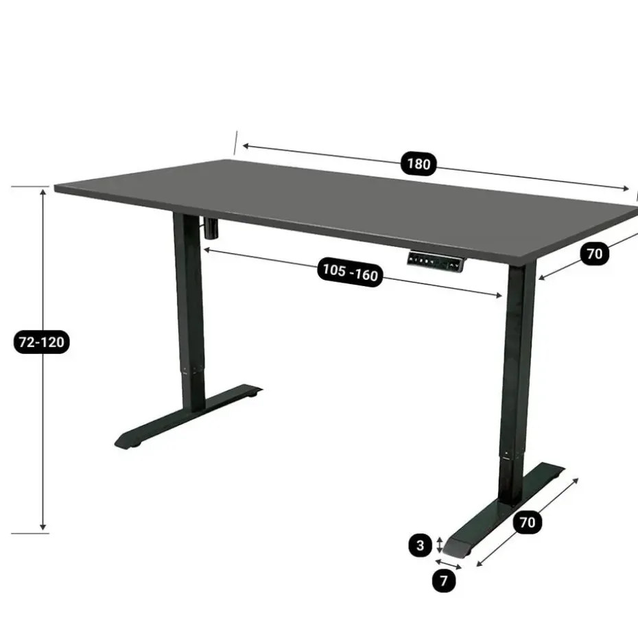 Elektrisch verstelbaar bureau - 180x80 cm - Single motor - Zwart / Antraciet