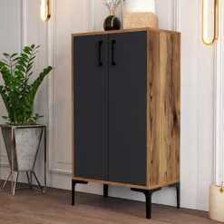 Emob Woody Modieus Schoenenkastje - 100% Melamine - Metalen Poot - Noten