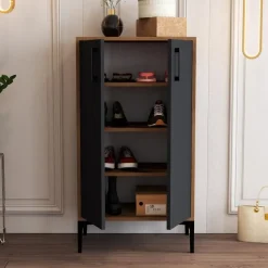 Emob Woody Modieus Schoenenkastje - 100% Melamine - Metalen Poot - Noten