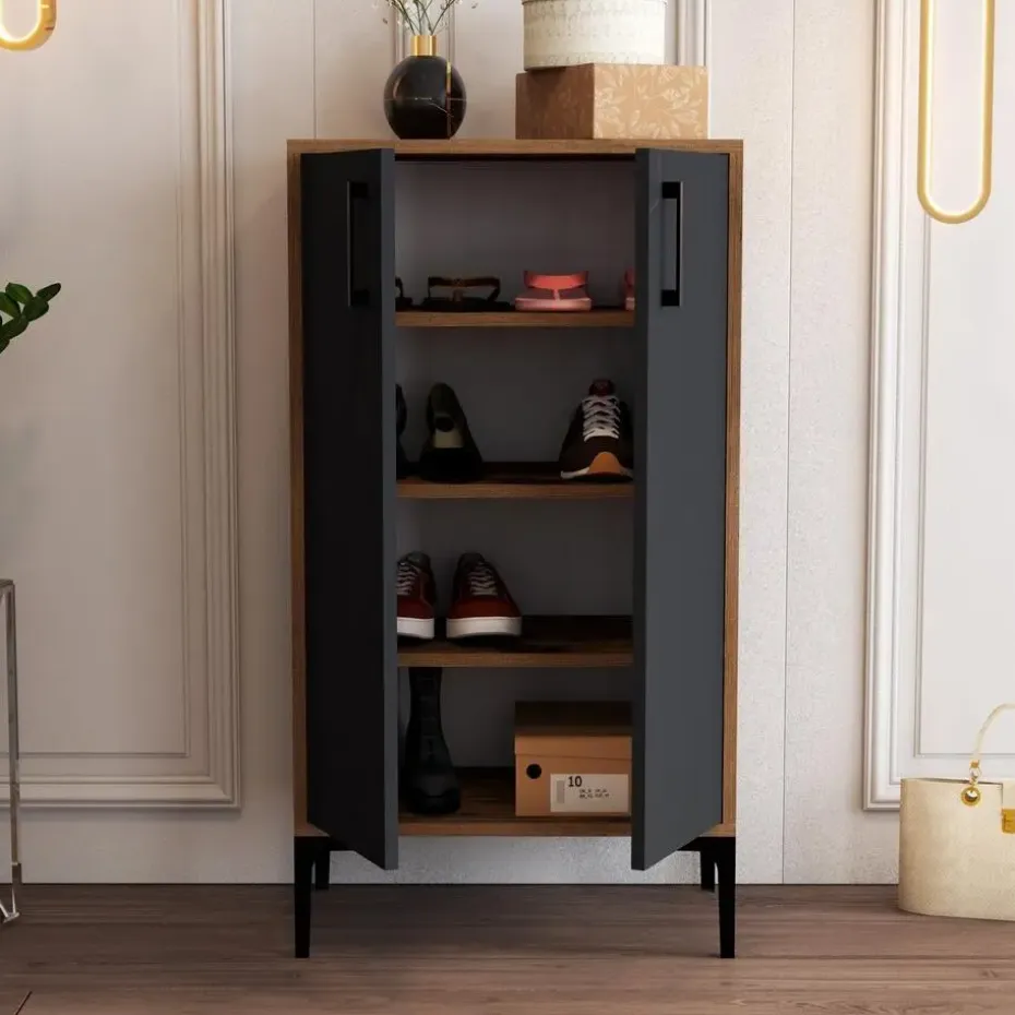 Emob Woody Modieus Schoenenkastje - 100% Melamine - Metalen Poot - Noten