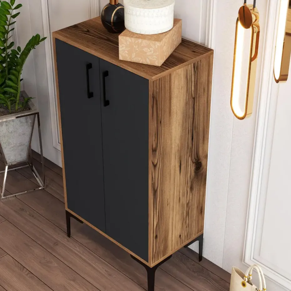 Emob Woody Modieus Schoenenkastje - 100% Melamine - Metalen Poot - Noten