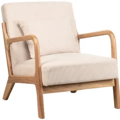 Fauteuil van massief hout en beige stof