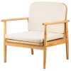 Fauteuil van massief hout en beige stof