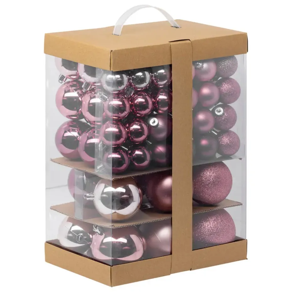 Feeric Kerstballen - 60x st - 4, 6, 7 en 8 cm - roze - kunststof