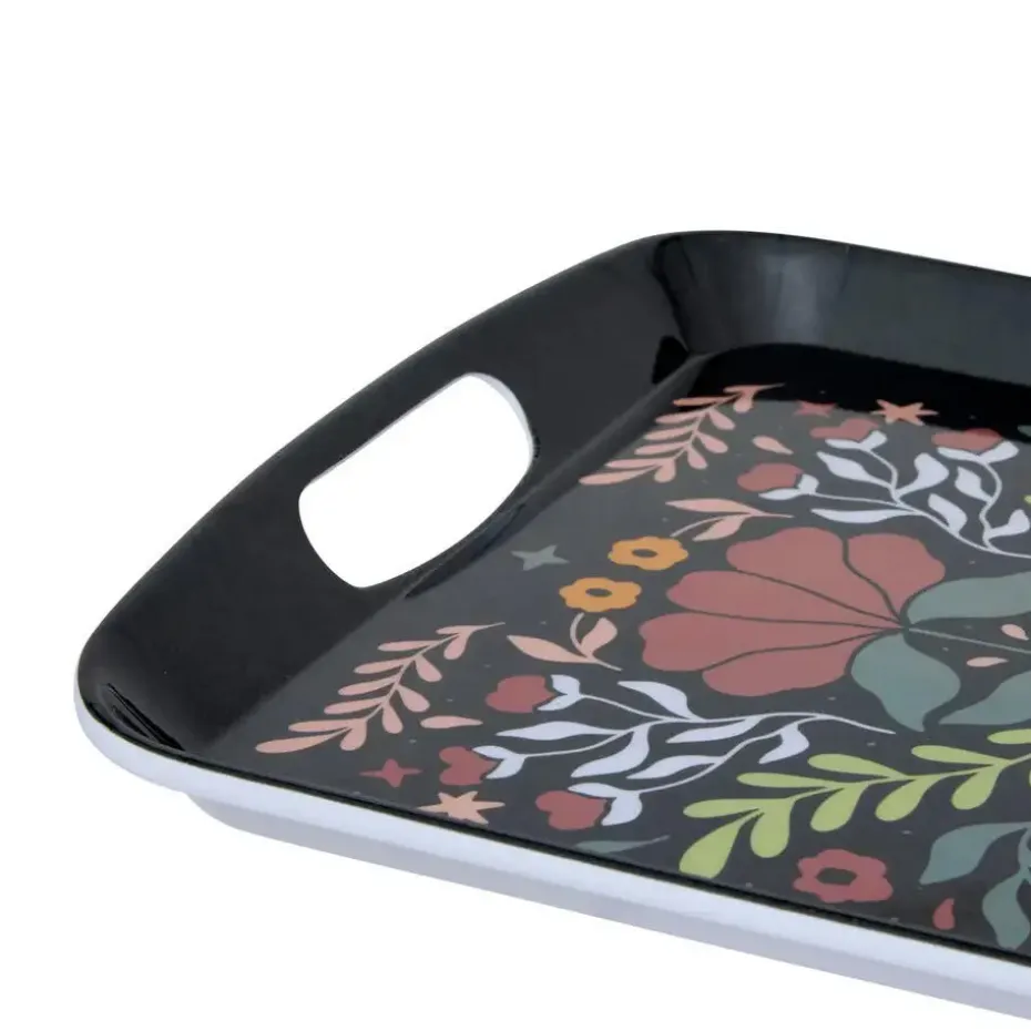 5Five Design dienblad van melamine - 39 x 26 cm - flowers print zwart