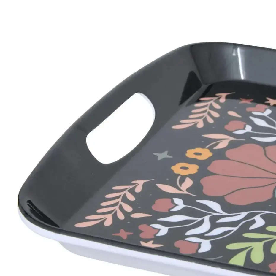 5Five Design dienblad van melamine - 47 x 30 cm - flowers print zwart