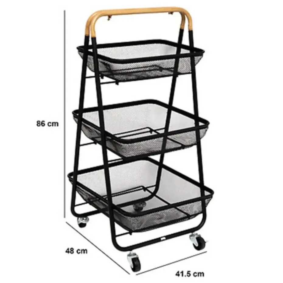 5Five Keuken/badkamer opberg trolley - 3 laags - zwart