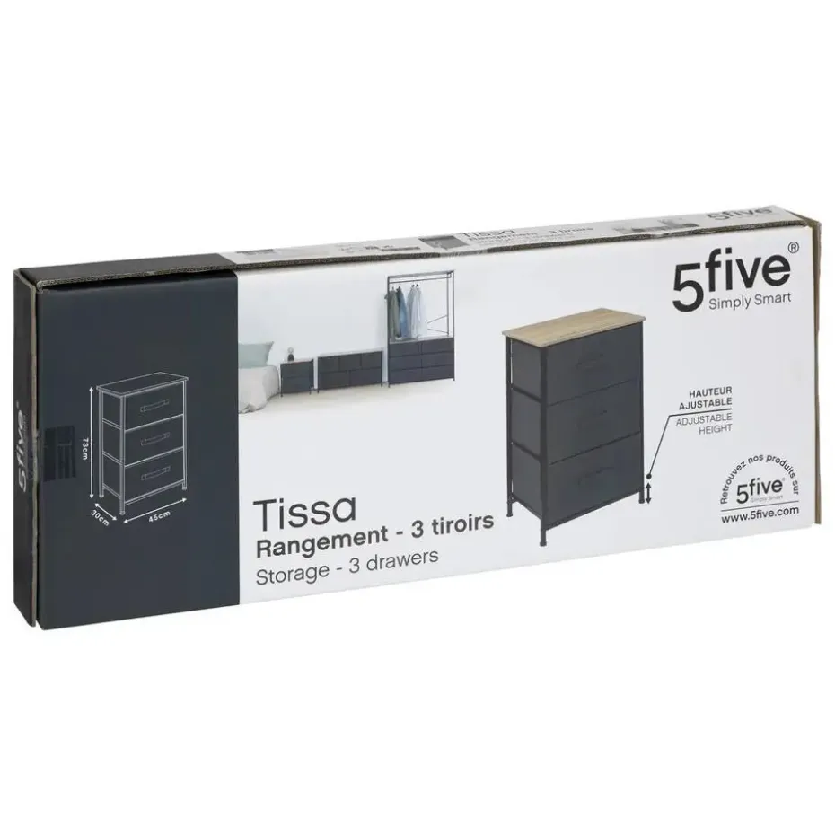 5Five Opbergkast - 3x mand - 43x30x73cm - hout/stof donkergrijs