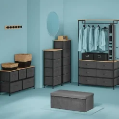 5Five Opbergkast - 3x mand - 43x30x73cm - hout/stof donkergrijs