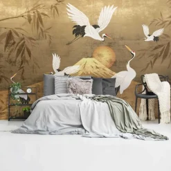 Fotobehang Kraanvogels - 260 x 384cm - Goudkleurig