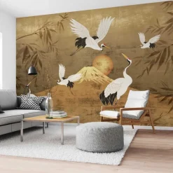 Fotobehang Kraanvogels - 260 x 384cm - Goudkleurig