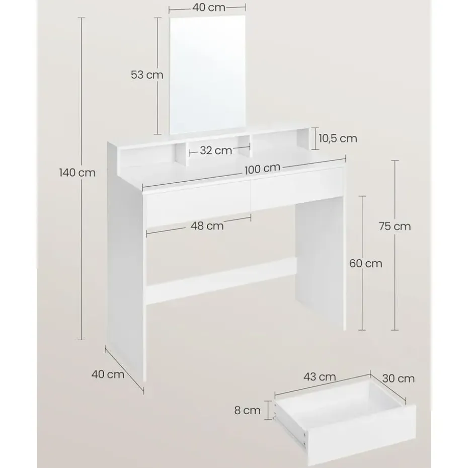 Furnihaus Kaptafel met rechthoekige spiegel en 2 lades, cosmetische tafel