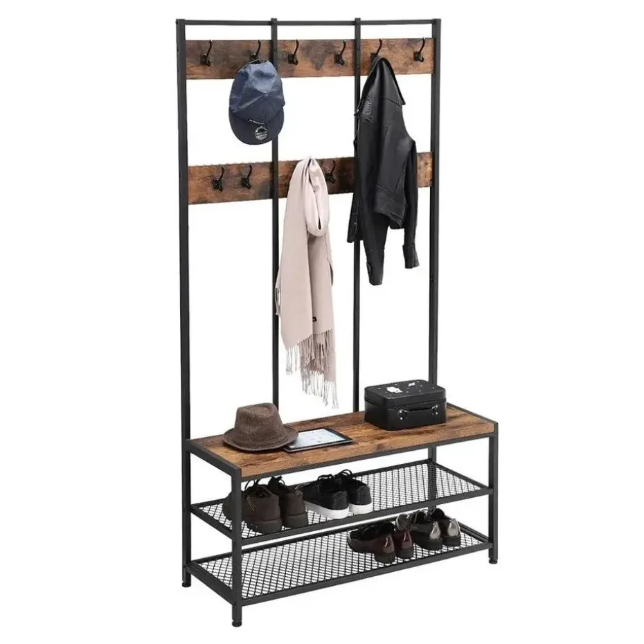 Garderoberek XL - industriële look - 12 haken - 100x186x40 cm - vintage bruin