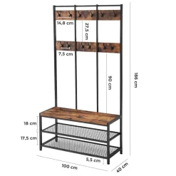 Garderoberek XL - industriële look - 12 haken - 100x186x40 cm - vintage bruin