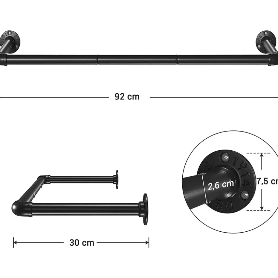 Garderobeset van 2, Wandrek, Kledingrek tot 50 kg Draagvermogen, Zwart