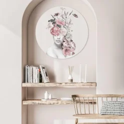 Glasschilderij Bloemenvrouw - Ø 70cm - Roze