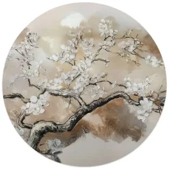 Glasschilderij Boom in bloei - Ø 50cm - Beige