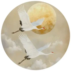 Glasschilderij Kraanvogels onder de maan - Ø 70cm - Beige