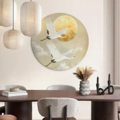 Glasschilderij Kraanvogels onder de maan - Ø 70cm - Beige