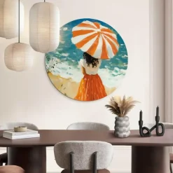 Glasschilderij Meisje met parasol - Ø 70cm - Oranje