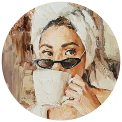 Glasschilderij Ochtendkoffie - Ø 70cm - Beige