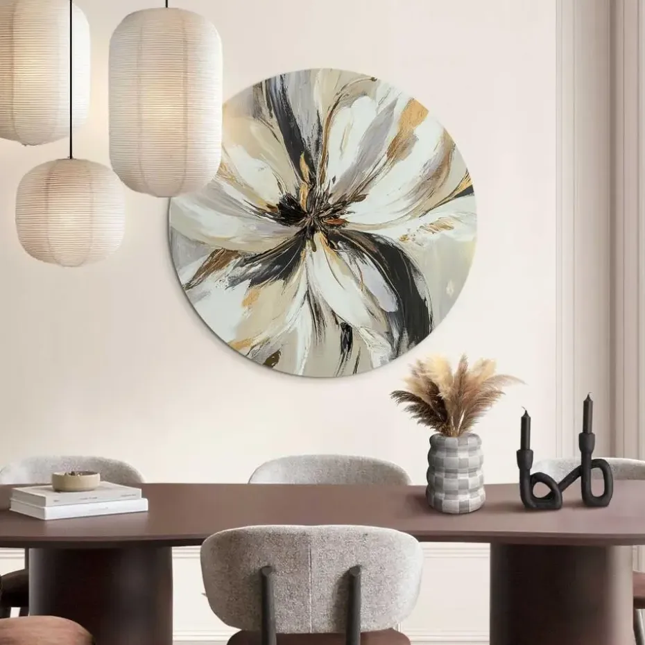 Glasschilderij Stijlvolle bloem - Ø 70cm - Beige