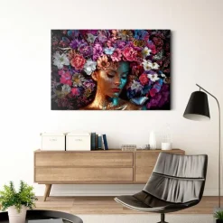 Glasschilderij Vrouw met Bloemenglitters - 78 x 116cm - Bont