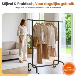 Goliving Kledingrek op wieltjes XL - Uitschuifbare Kledingstang 112-150 cm
