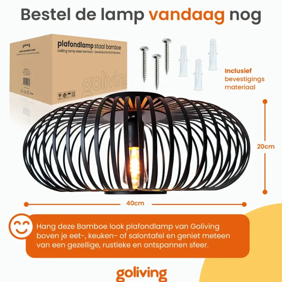 Goliving Plafondlamp - Plafonnière - E27 - Metaal - Ø 40 cm - Zwart