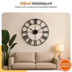 Goliving Wandklok Industrieel - Stil uurwerk - Metaal - Ø 70 cm - Zwart
