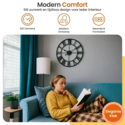 Goliving Wandklok Industrieel - Stil uurwerk - Metaal - Ø 60 cm - Zwart