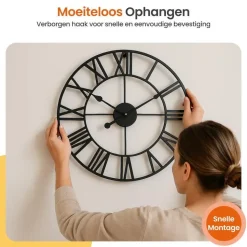 Goliving Wandklok Industrieel - Stil uurwerk - Metaal - Ø 40 cm - Zwart