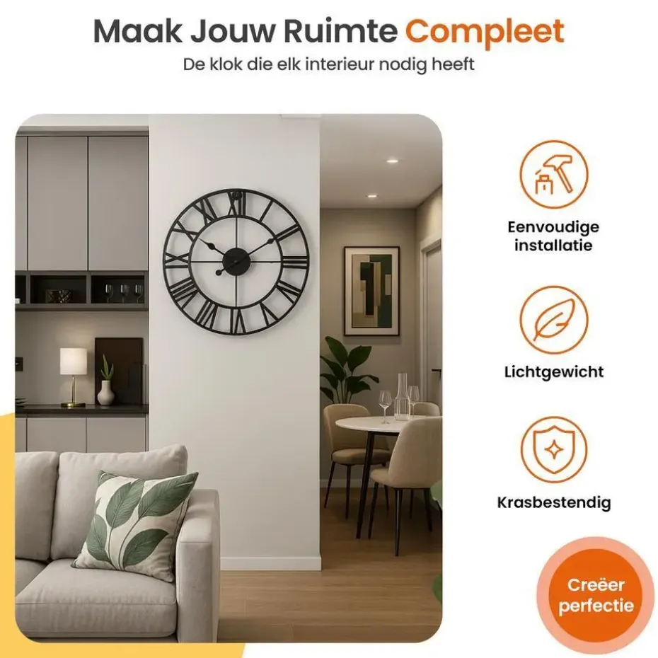 Goliving Wandklok Industrieel - Stil uurwerk - Metaal - Ø 40 cm - Zwart