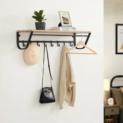 Hangende Kapstok voor Muur of Wand - 8 Haken en 1 Bar - 90 cm Lang - Lichte Eik