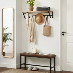 Hangende Kapstok voor Muur of Wand - 8 Haken en 1 Bar - 90 cm Lang - Lichte Eik