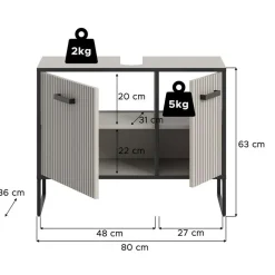 Hioshop Bagno wastafel 2 deuren lichtgrijs- crèmekleurig