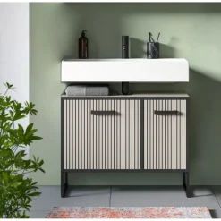 Hioshop Bagno wastafel 2 deuren lichtgrijs- crèmekleurig