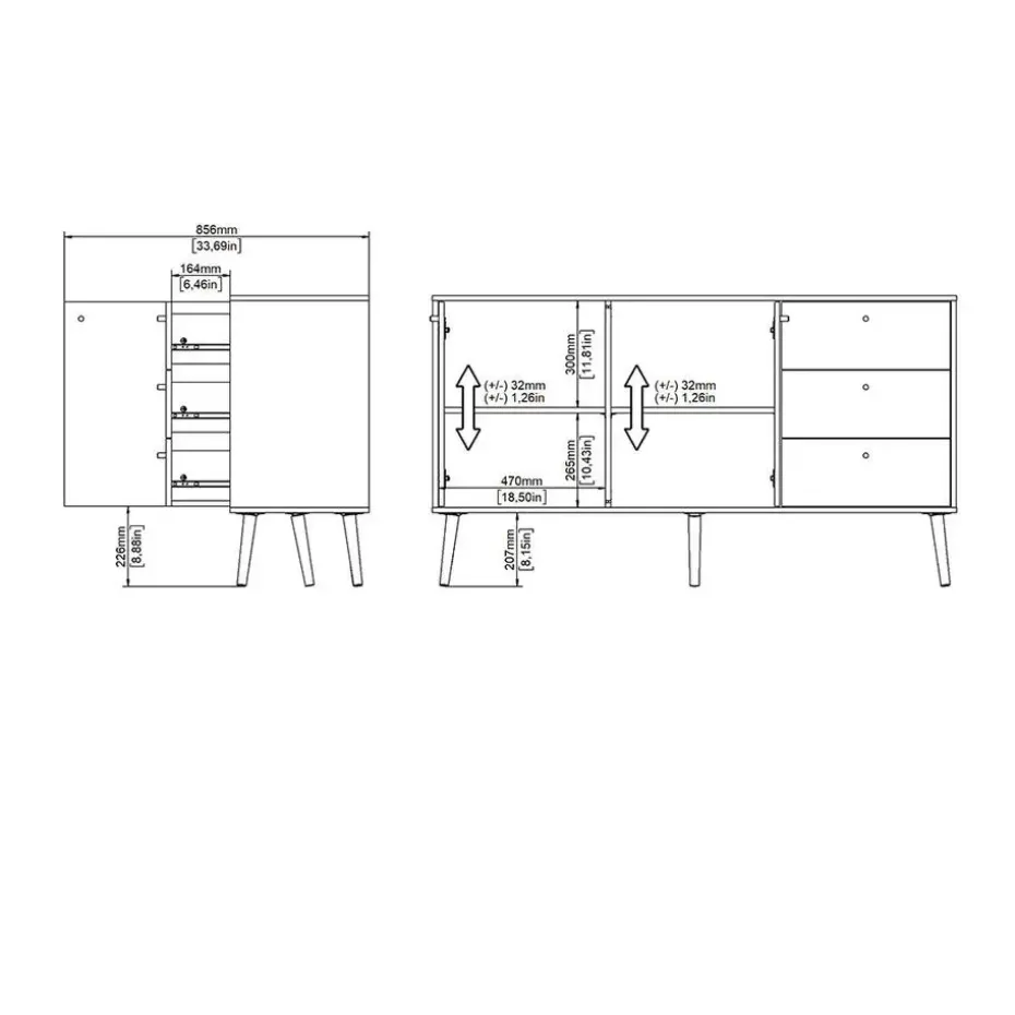 Hioshop Bodo dressoir 2 deuren- 3 lades matgrijs