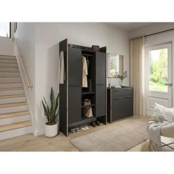 Hioshop Bueno kledingkast 2 deuren- 1 lade- 3 planken en 2 haken donkergrijs