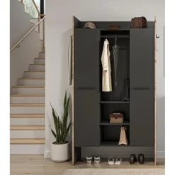 Hioshop Bueno kledingkast 2 deuren- 1 lade- 3 planken en 2 haken donkergrijs