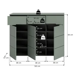 Hioshop Canu schoenenkast 3 deuren- 3 lades stofgroen- donkergrijs