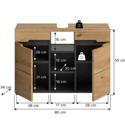 Hioshop Canu wastafel 2 deuren- 3 planken eiken decor- grijs